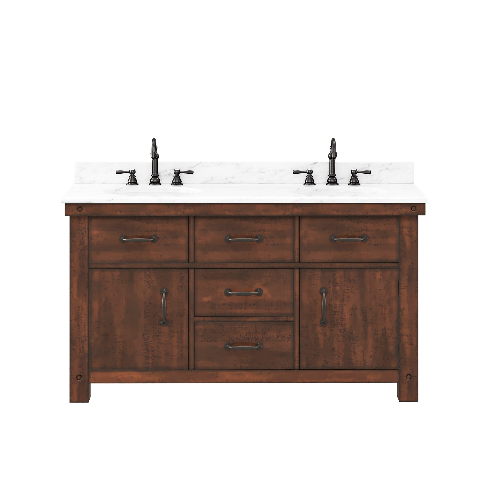 ABERDEEN 60"W x 34"H Sierra Rustic Double-Sink Vanity with Carrara White Marble Countertop + Hook Faucets