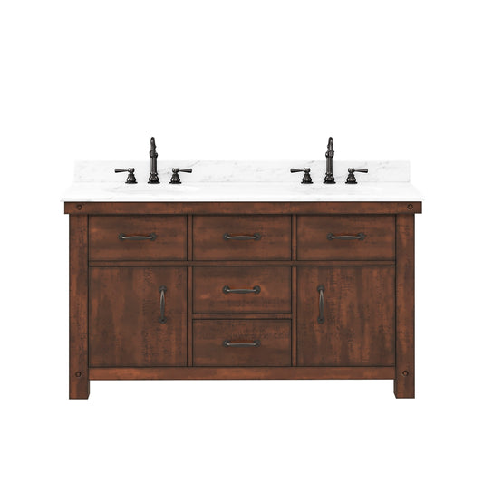 ABERDEEN 60"W x 34"H Sierra Rustic Double-Sink Vanity with Carrara White Marble Countertop + Hook Faucets