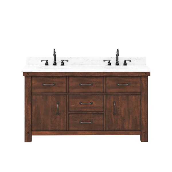 ABERDEEN 60W x 34H Sierra Rustic Double-Sink Vanity with Carrara White Marble Countertop + Hook Faucets