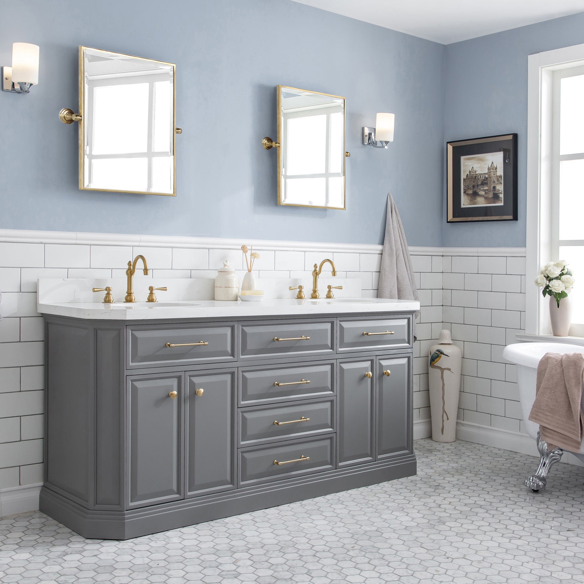 PALACE 72"W x 34"H Cashmere Gray Vanity with Carrara Quartz Countertop + Faucets & Mirrors (F2-0012), Satin Gold Finish Hardware & Chrome Finish Mirror  (A)