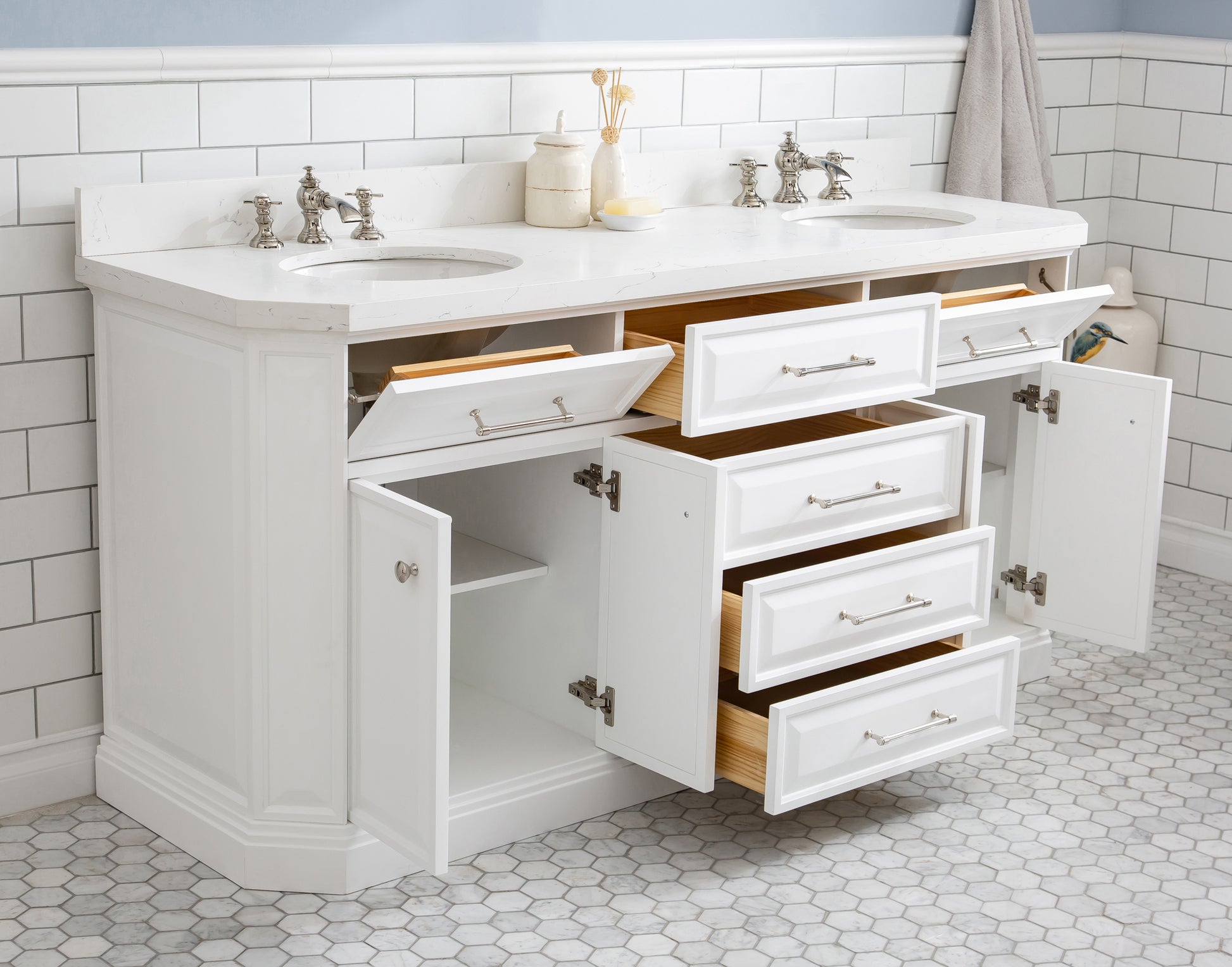 PALACE 72"W x 34"H Pure White Vanity with Carrara Quartz Countertop + Faucets & Mirror (F2-0013), Polished Nickel Finish Hardware & Mirror