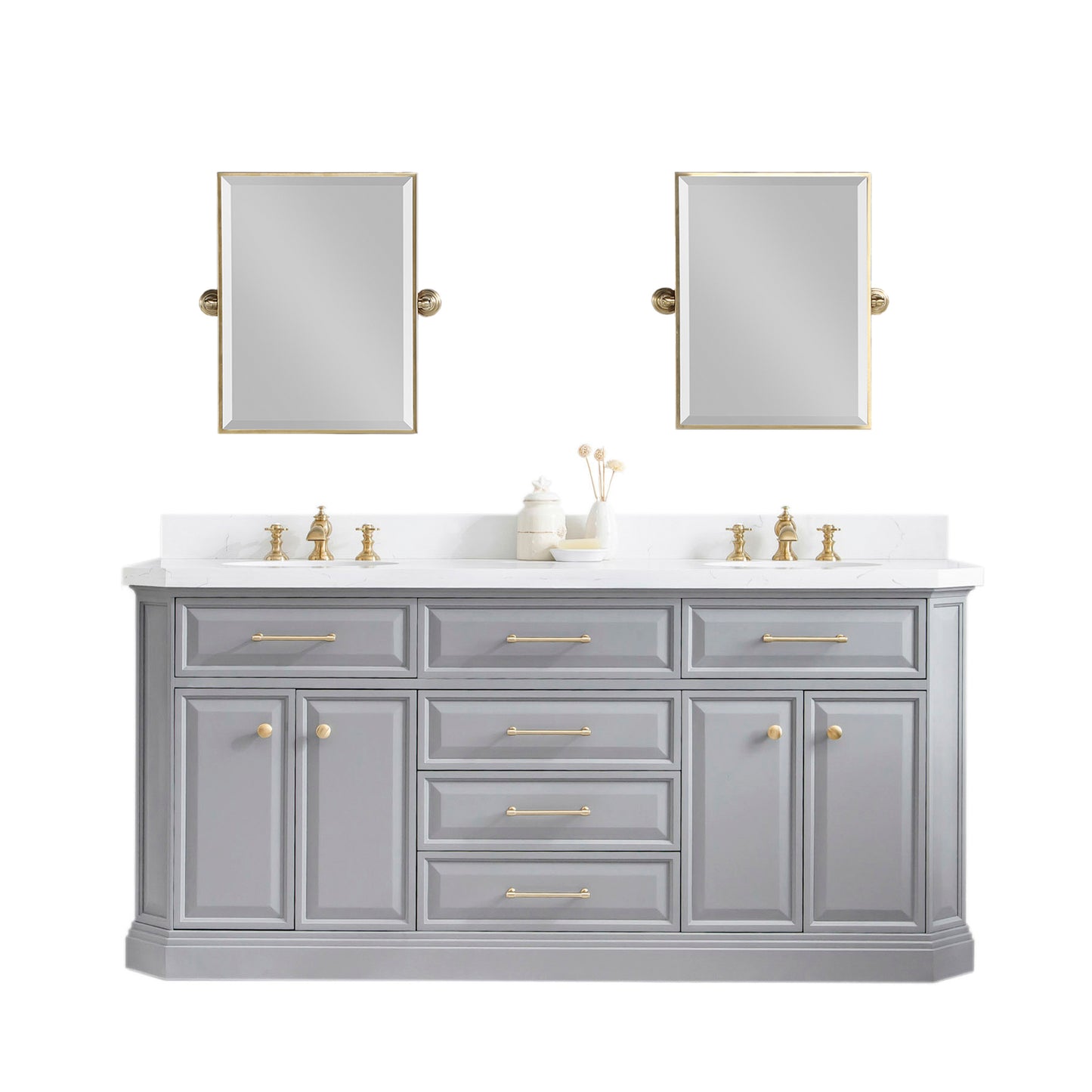 PALACE 72"W x 34"H Cashmere Gray Vanity with Carrara Quartz Countertop + Faucets & Mirrors (F2-0013), Satin Gold Finish Hardware & Chrome Finish Mirror (B)