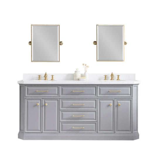 PALACE 72"W x 34"H Cashmere Gray Vanity with Carrara Quartz Countertop + Faucets & Mirrors (F2-0013), Satin Gold Finish Hardware & Chrome Finish Mirror (B)