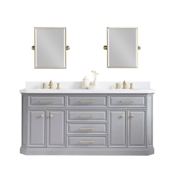 PALACE 72W x 34H Cashmere Gray Vanity with Carrara Quartz Countertop + Faucets & Mirrors (F2-0013), Satin Gold Finish Hardware & Chrome Finish Mirror (B)