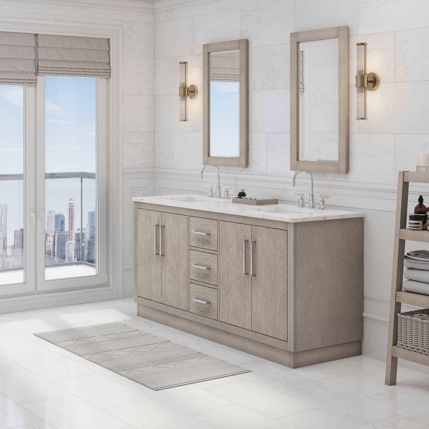 HUGO 72"W x 34.3"H Gray Oak Double-Sink Vanity with Carrara White Marble Countertop + Gooseneck Faucets