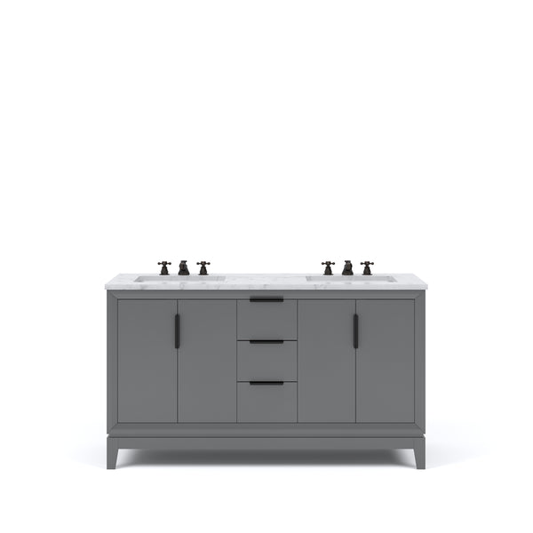 ELIZABETH 60W x 34.25H Cashmere Gray Double-Sink Vanity with Carrara White Marble Countertop + Faucets (F2-0009-03-BX)