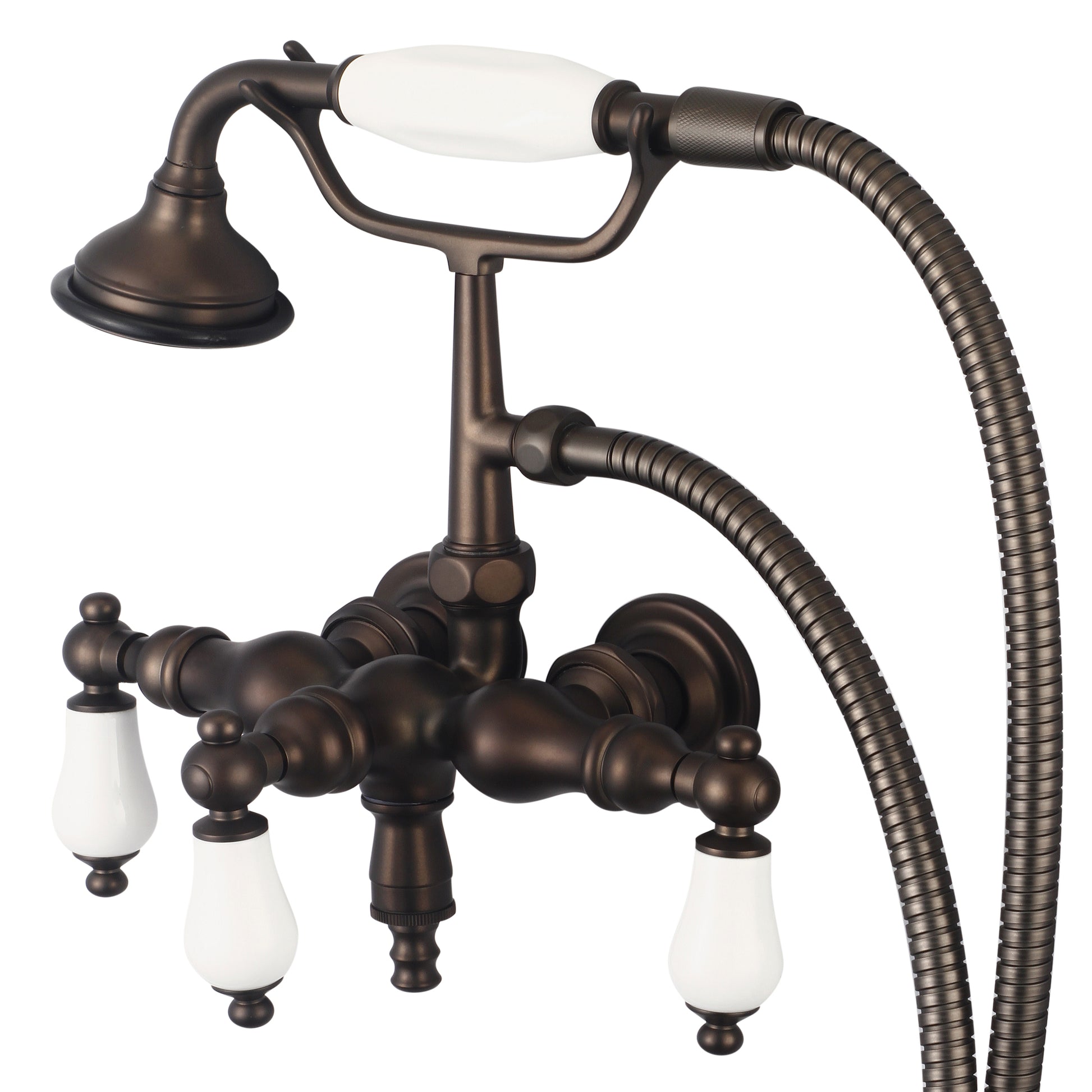 Vintage Classic 3.375" Center Wall Mount Tub Faucet With Down Spout, Straight Wall Connector & Handheld Shower in Oil Rubbed Bronze Finish, With Porcelain Lever Handles Without labels