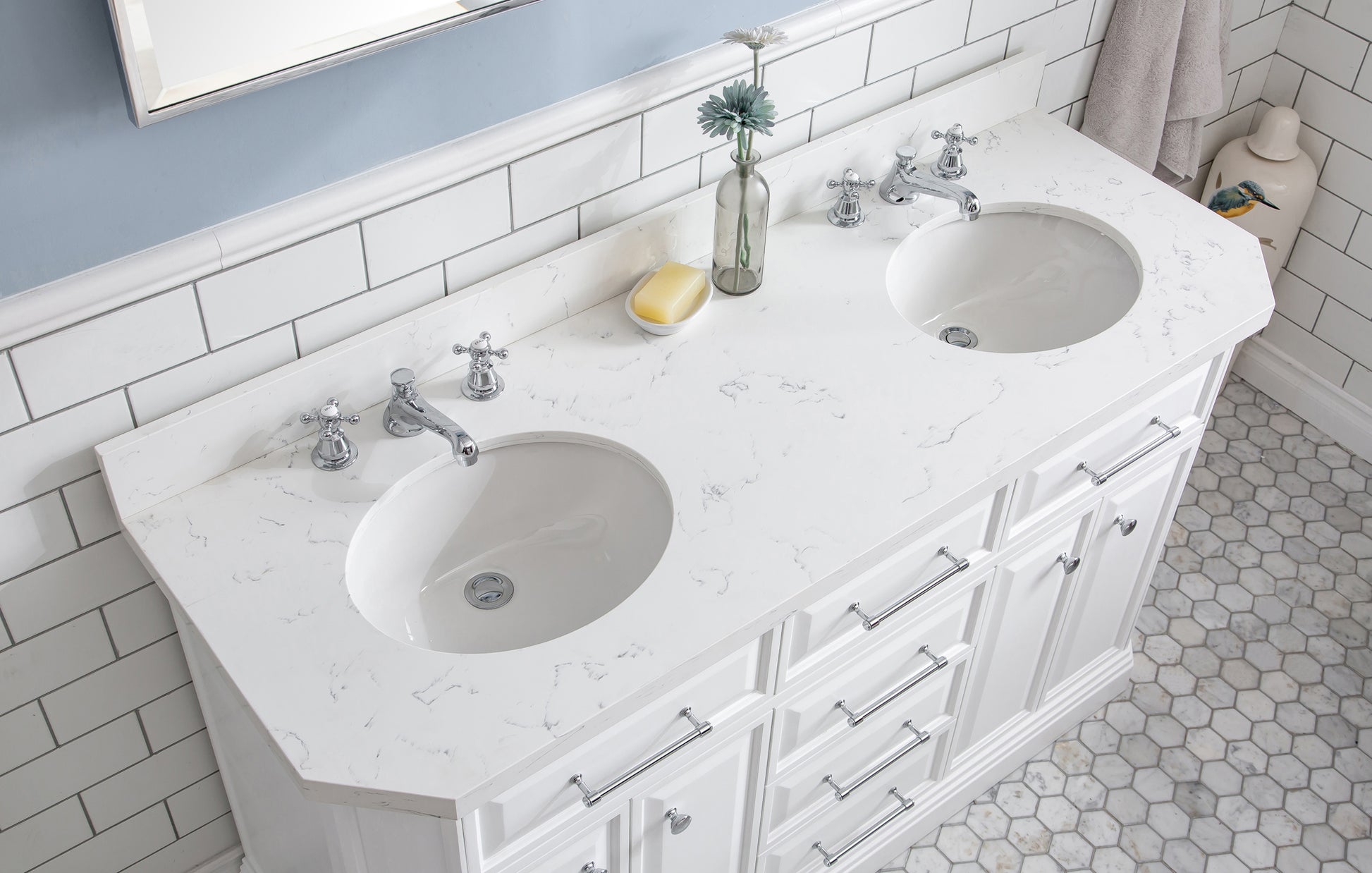 PALACE 60"W x 34"H Pure White Vanity with Carrara Quartz Countertop + Faucets (F2-0009), Chrome Finish Hardware