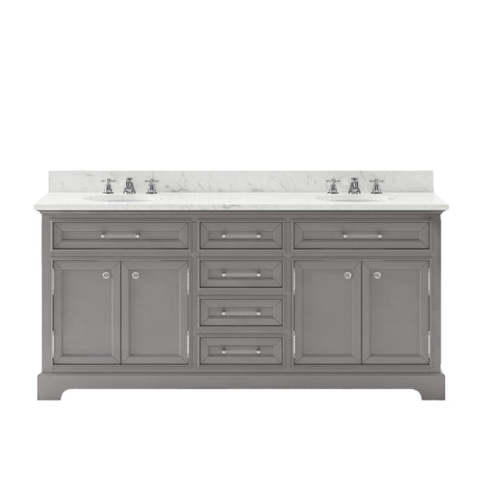 DERBY 72"W x 34"H Cashmere Gray Double-Sink Vanity with Carrara White Marble Countertop + Faucet