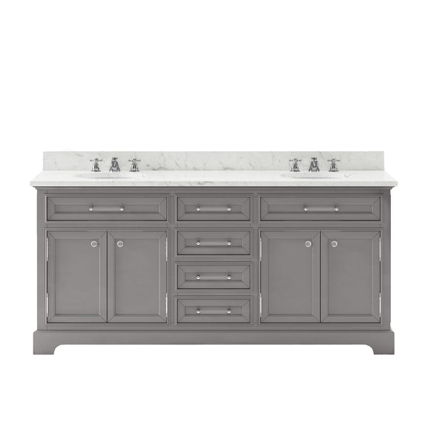 DERBY 72W x 34H Cashmere Gray Double-Sink Vanity with Carrara White Marble Countertop + Faucet