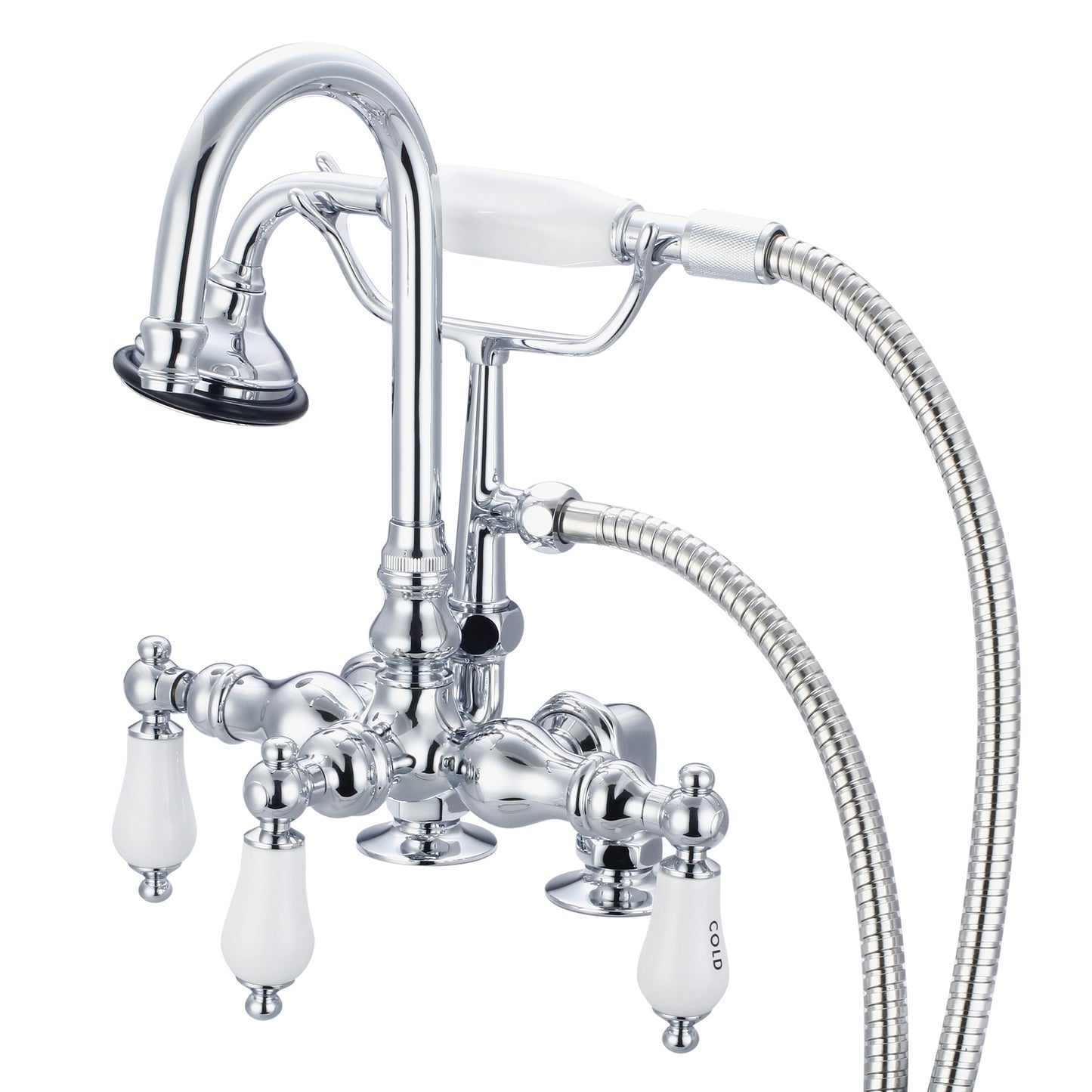 Vintage Classic 3.375" Center Deck Mount Tub Faucet With Gooseneck Spout, 2" Risers & Handheld Shower in Chrome Finish, With Porcelain Lever Handles, Hot And Cold Labels Included