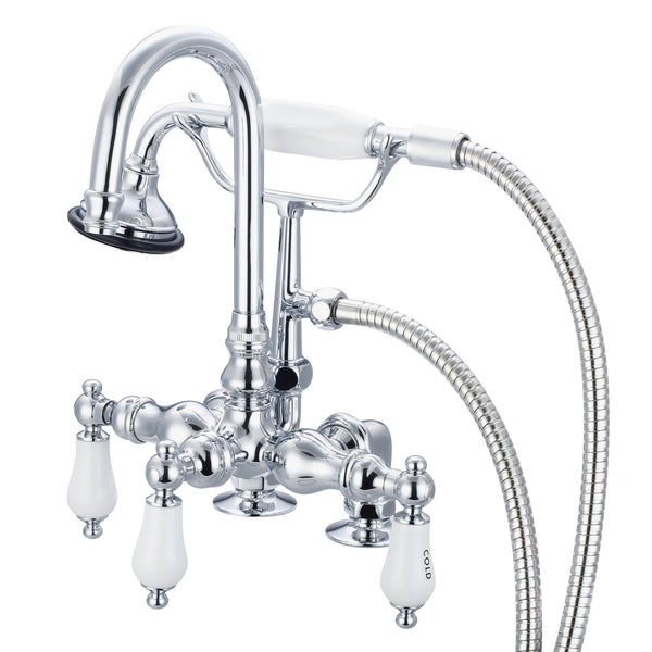 Vintage Classic 3.375 Center Deck Mount Tub Faucet With Gooseneck Spout, 2 Risers & Handheld Shower in Chrome Finish, With Porcelain Lever Handles, Hot And Cold Labels Included