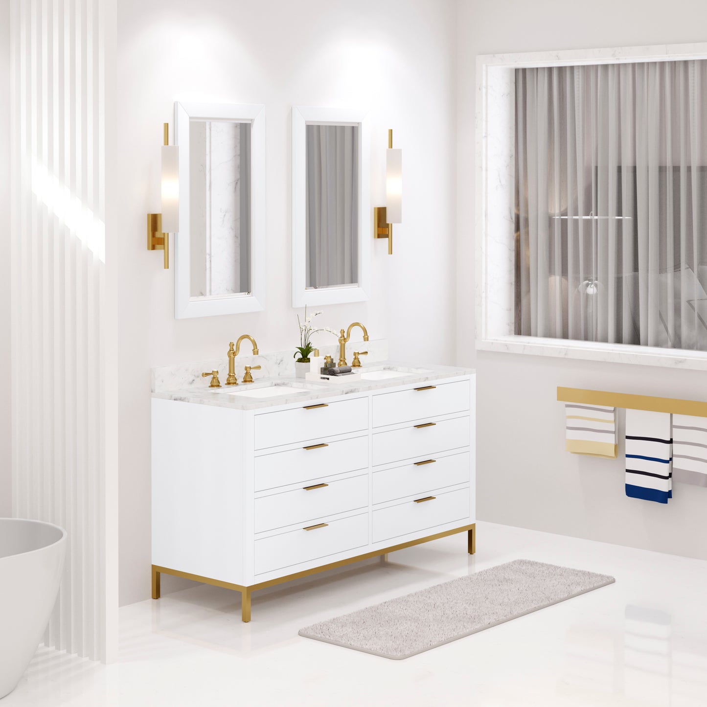 BRISTOL 60"W x 34"H Pure White Double-Sink Vanity with Carrara White Marble Countertop + Satin Gold Hook Faucets and Rectangular Mirrors (S)