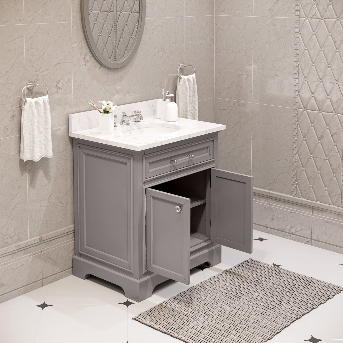 DERBY 30"W x 34"H Cashmere Gray Single-Sink Vanity with Carrara White Marble Countertop + Faucet & Mirror