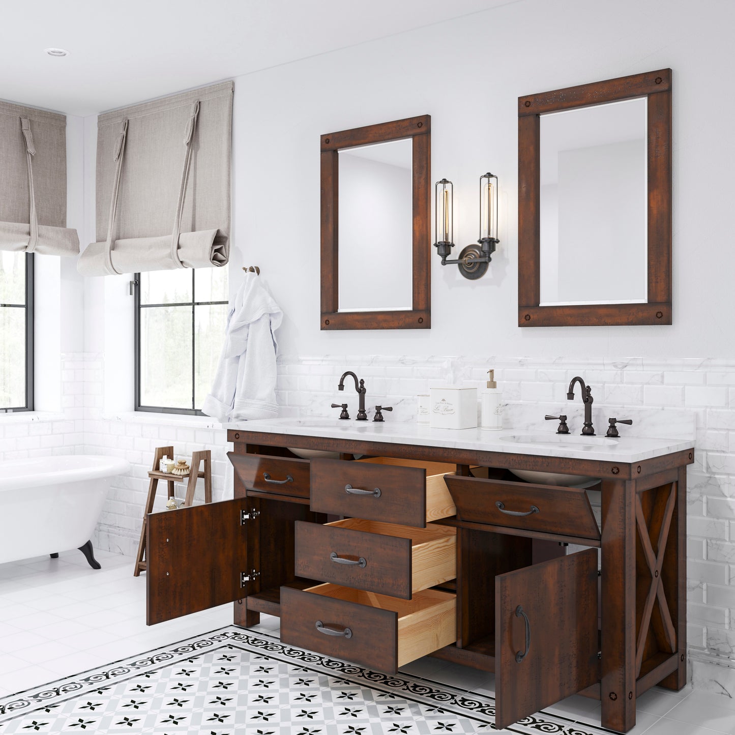 ABERDEEN 72"W x 34"H Sierra Rustic Double-Sink Vanity with Carrara White Marble Countertop + Hook Faucets and Mirrors