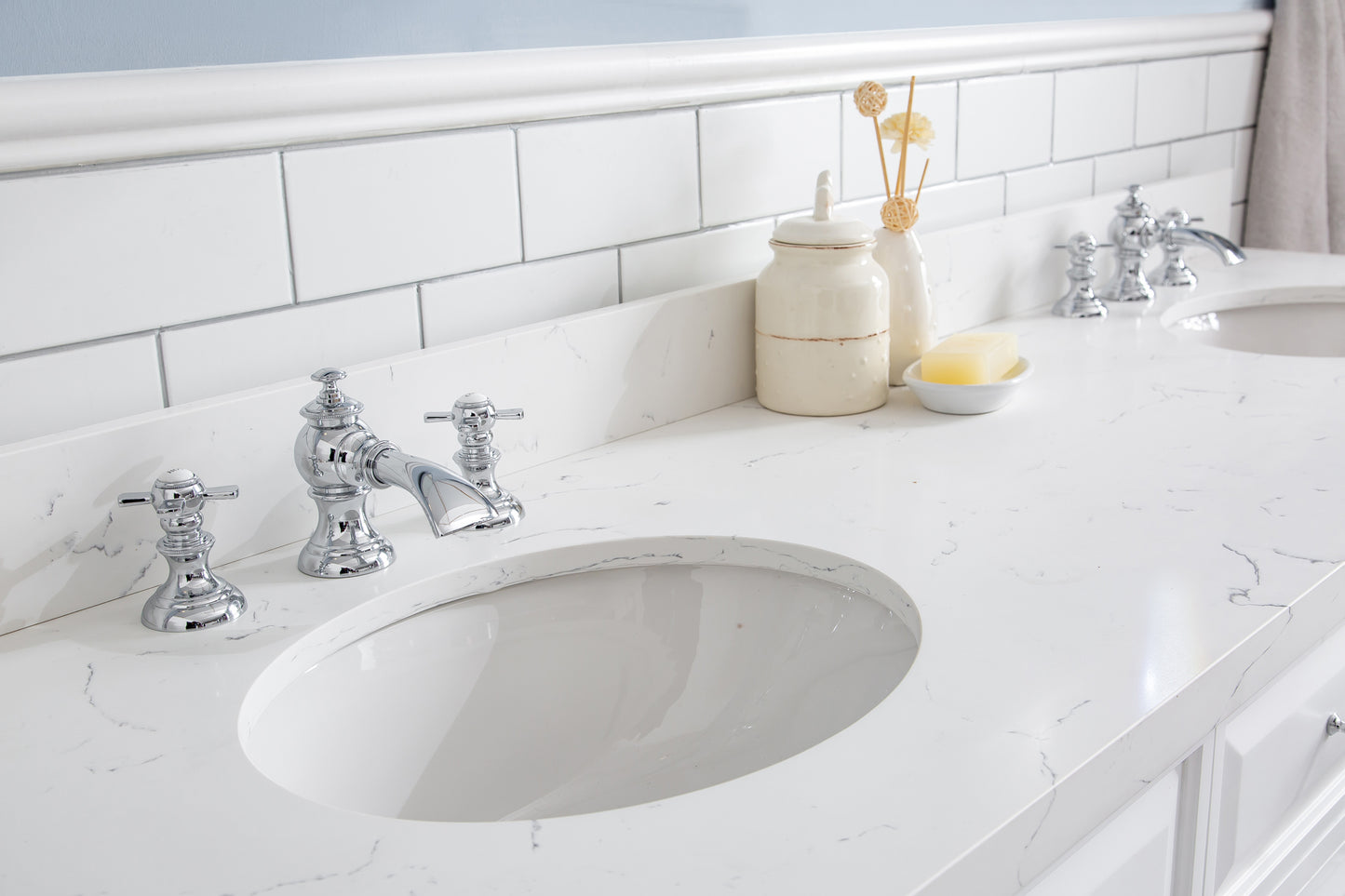 PALACE 72"W x 34"H Pure White Vanity with Carrara Quartz Countertop + Faucets (F2-0013), Chrome Finish Hardware