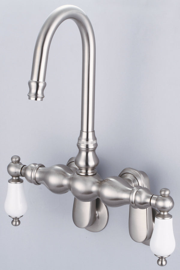 Vintage Classic Adjustable Spread Wall Mount Tub Faucet With Gooseneck Spout & Swivel Wall Connector in Brushed Nickel Finish, With Porcelain Lever Handles Without labels