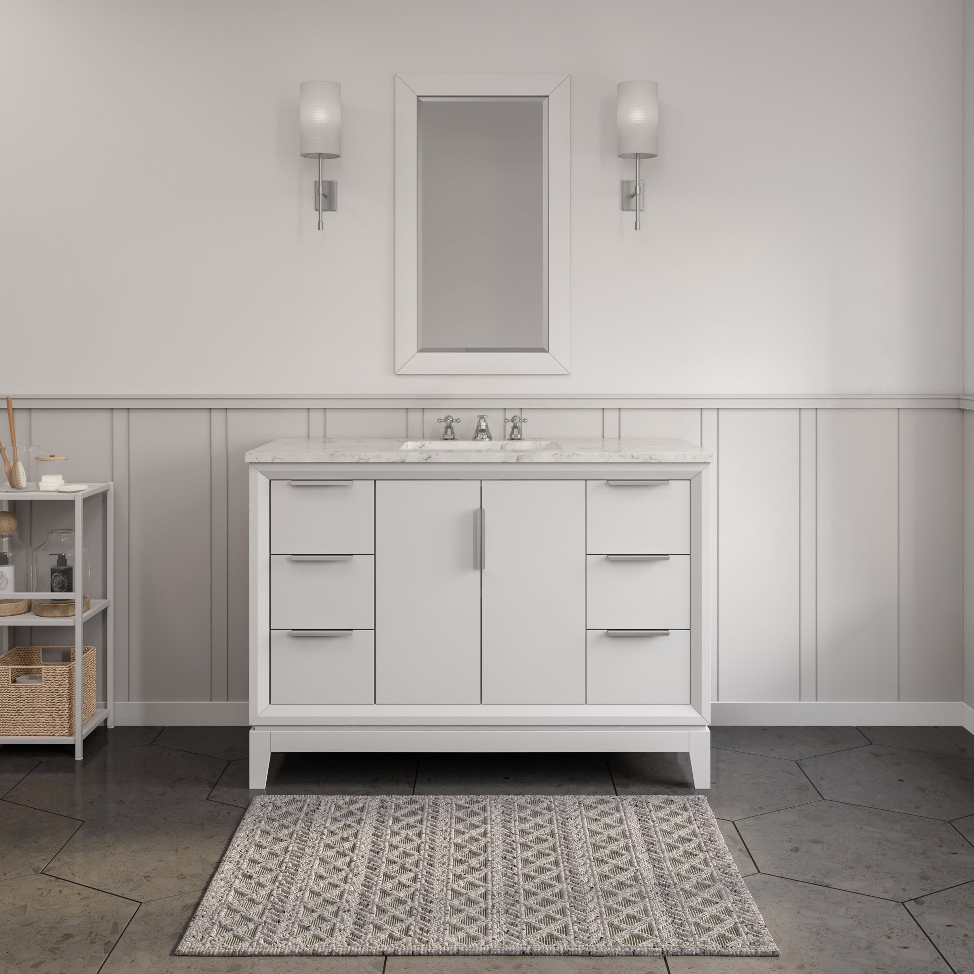 ELIZABETH 48"W x 34.25"H Pure White Single-Sink Vanity with Carrara White Marble Countertop + Faucets & Mirror (F2-0009-01-BX)