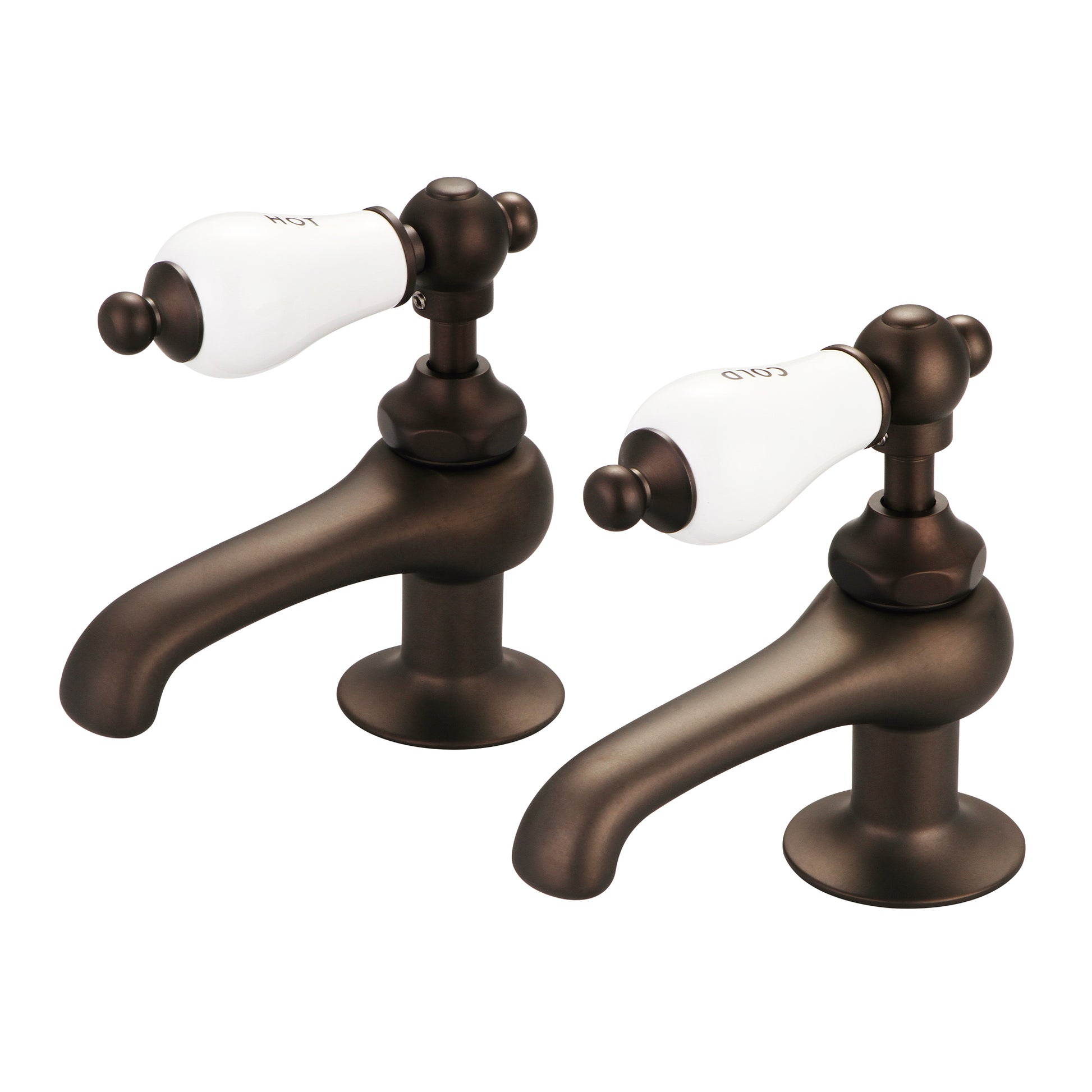 Vintage Classic Basin Cocks Bathroom Faucets in Oil Rubbed Bronze Finish, With Porcelain Lever Handles, Hot And Cold Labels Included