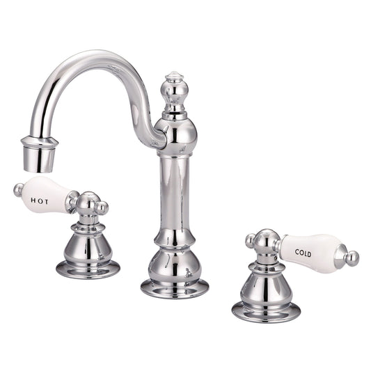 American 20th Century Classic Widespread Bathroom F2-0012 Faucets With Pop-Up Drain in Chrome Finish, With Porcelain Lever Handles, Hot And Cold Labels Included