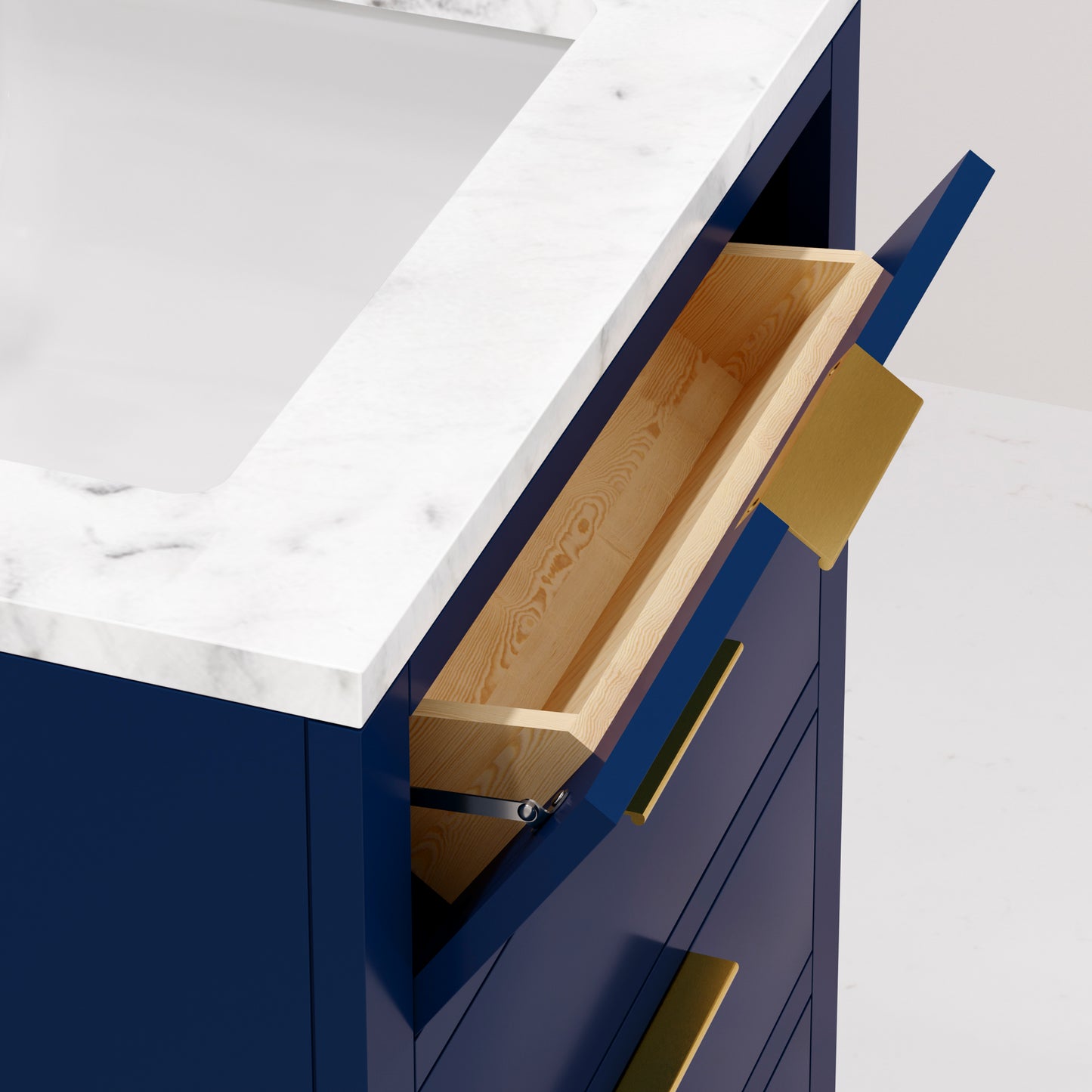 BRISTOL 24"W x 34"H Monarch Blue Single-Sink Vanity with Carrara White Marble Countertop + Satin Gold Gooseneck Faucet and Rectangular Mirror (S)