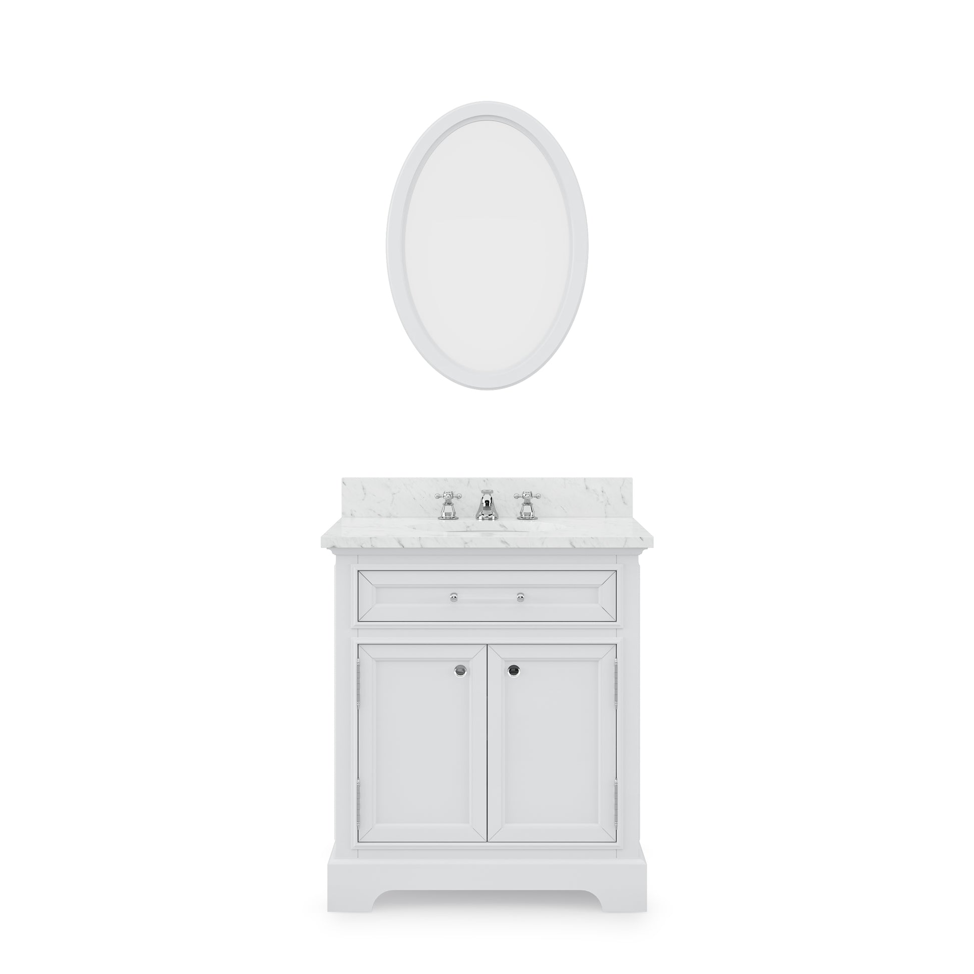 DERBY 30"W x 34"H Pure White Single-Sink Vanity with Carrara White Marble Countertop + Mirror