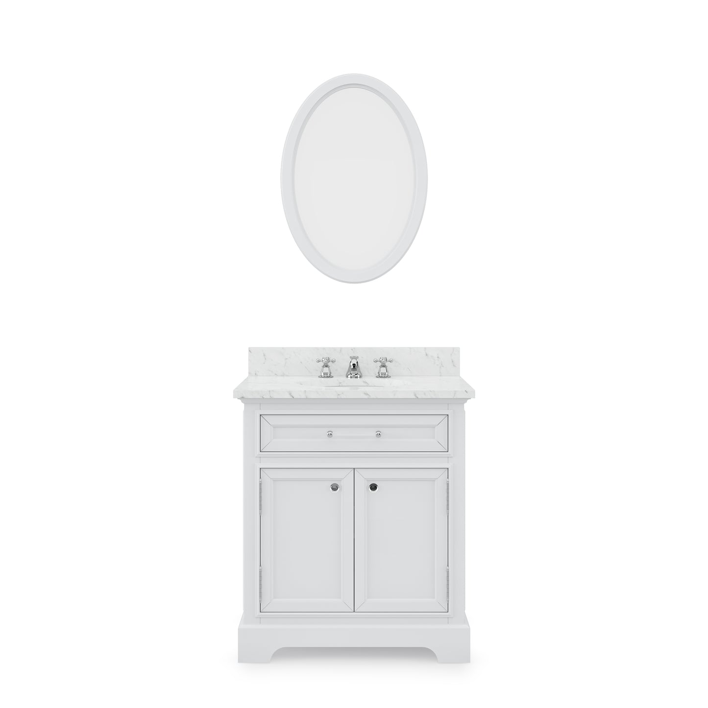 DERBY 30"W x 34"H Pure White Single-Sink Vanity with Carrara White Marble Countertop + Mirror