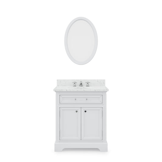 DERBY 30"W x 34"H Pure White Single-Sink Vanity with Carrara White Marble Countertop + Mirror