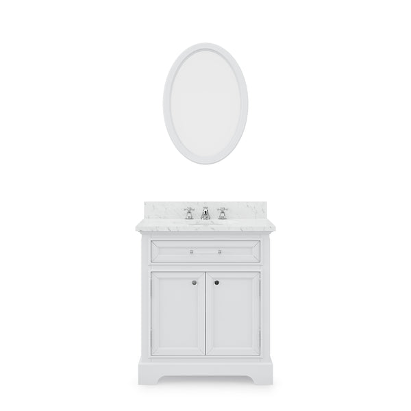 DERBY 30W x 34H Pure White Single-Sink Vanity with Carrara White Marble Countertop + Mirror