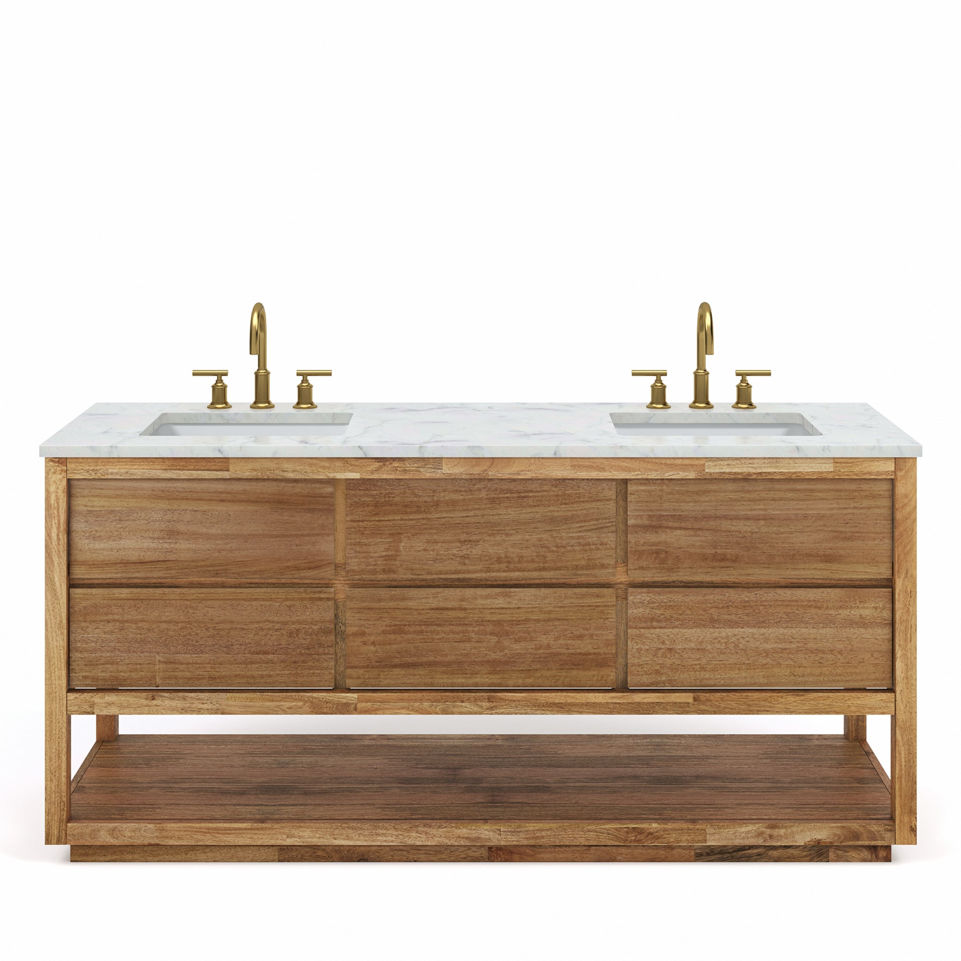 OAKMAN 72"W x 34.3"H Mango Wood Double-Sink Vanity with Carrara White Marble Countertop + Satin Gold Faucet