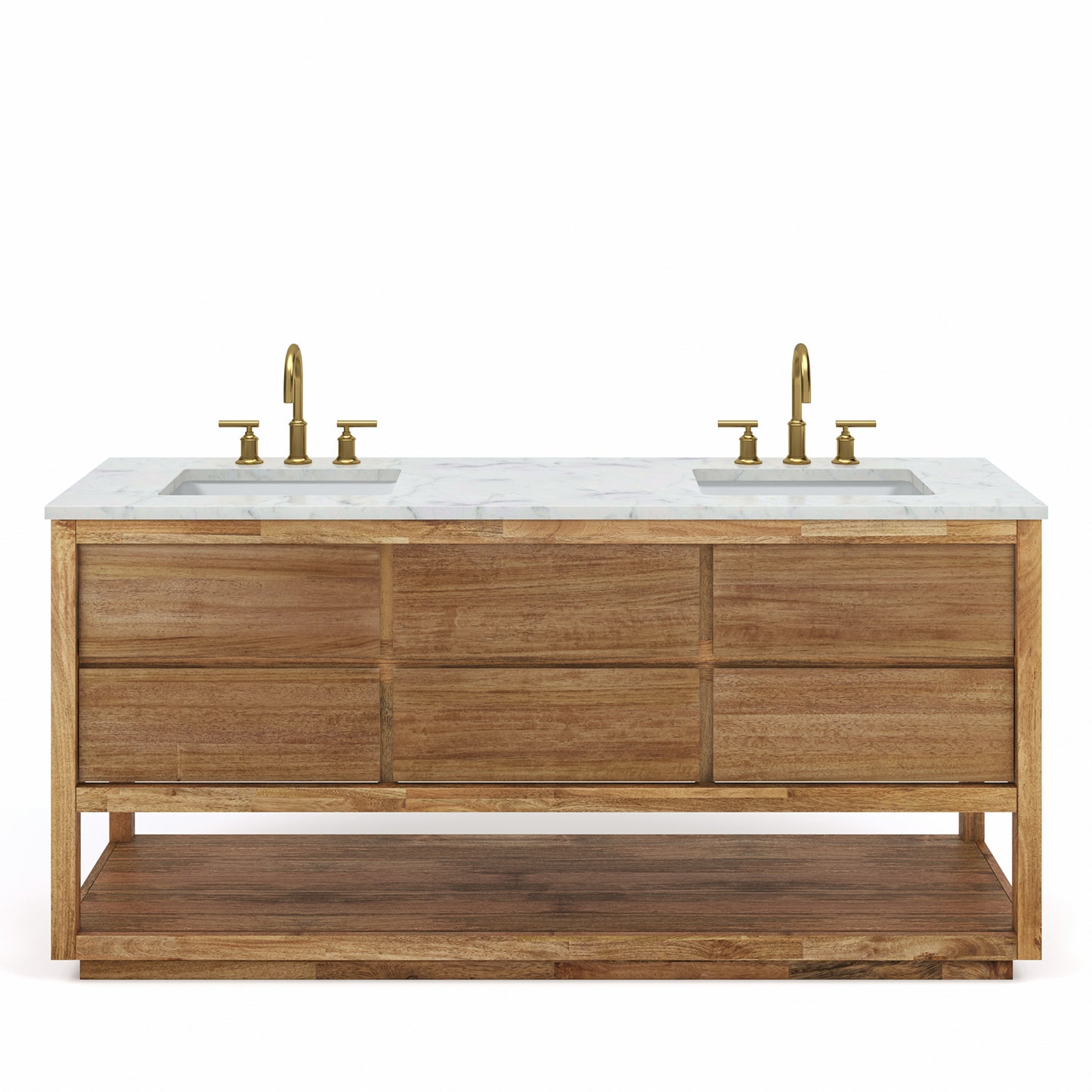 OAKMAN 72"W x 34.3"H Mango Wood Double-Sink Vanity with Carrara White Marble Countertop + Satin Gold Faucet