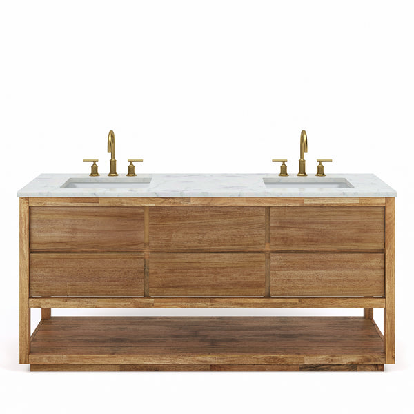 OAKMAN 72W x 34.3H Mango Wood Double-Sink Vanity with Carrara White Marble Countertop + Satin Gold Faucet