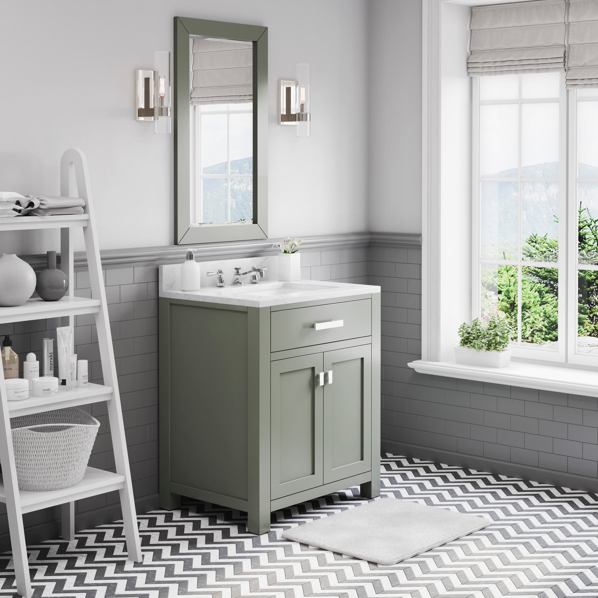 MADISON 30"W x 34"H Glacial Green Single-Sink Vanity with Carrara White Marble Countertop + Classic Faucet and Mirror