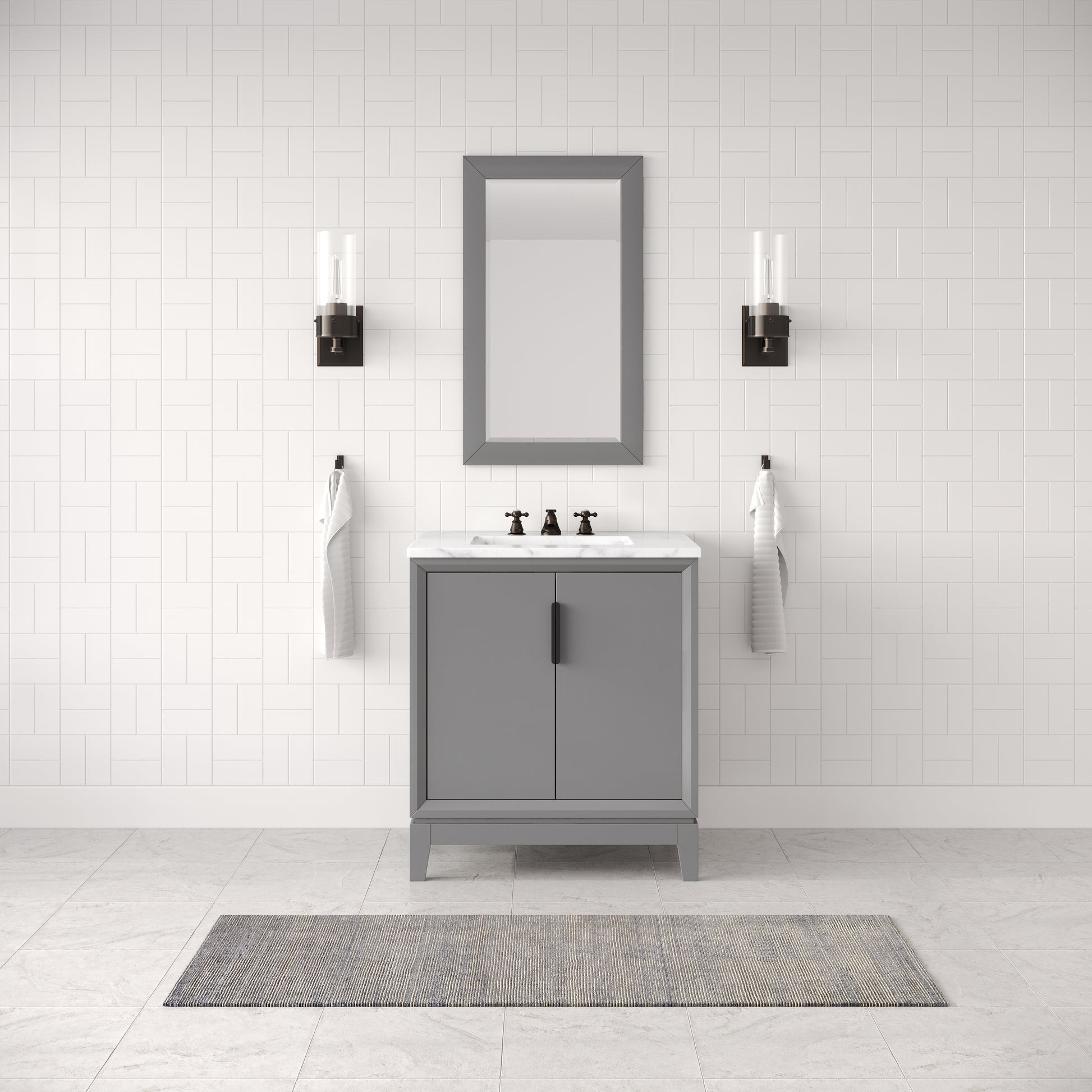 ELIZABETH 30"W x 34.25"H Cashmere Gray Single-Sink Vanity with Carrara White Marble Countertop + Faucets & Mirror (F2-0009-03-BX)