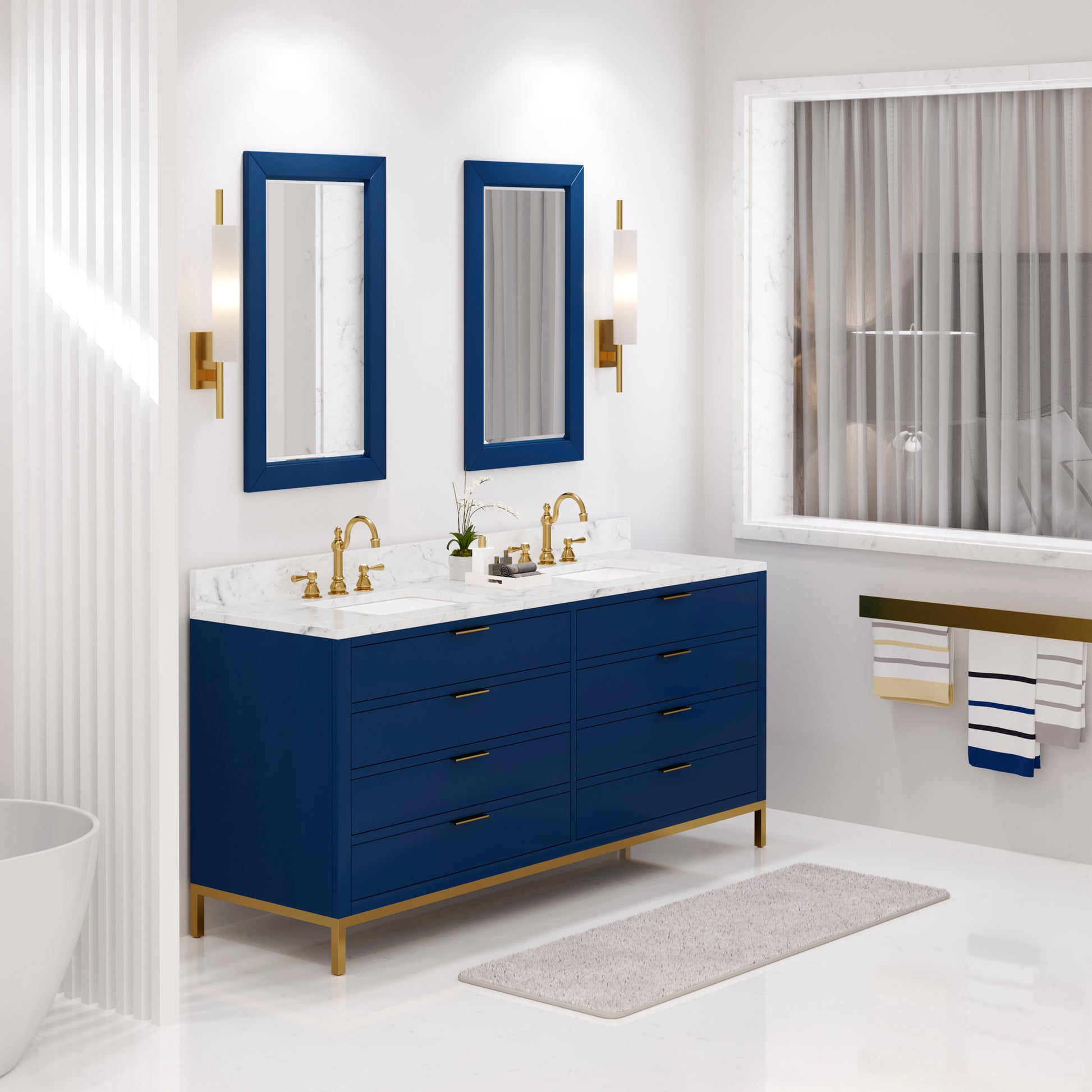 BRISTOL 72"W x 34"H Monarch Blue Double-Sink Vanity with Carrara White Marble Countertop + Satin Gold Hook Faucets