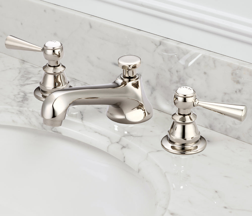 American 20th Century Classic Widespread Bathroom F2-0009 Faucets With Pop-Up Drain in Polished Nickel Finish, With Torch Lever Handles, Hot And Cold Labels Included