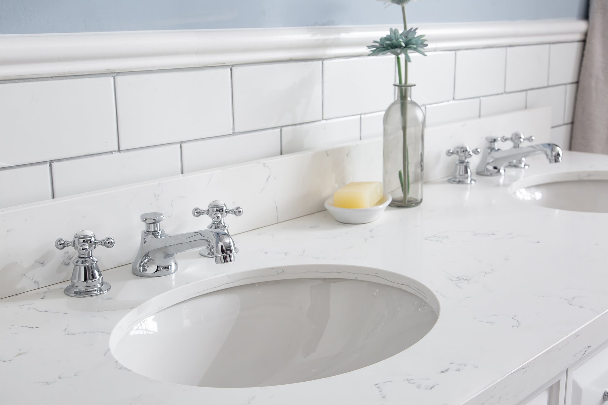 PALACE 60"W x 34"H Pure White Vanity with Carrara Quartz Countertop + Faucets (F2-0009), Chrome Finish Hardware