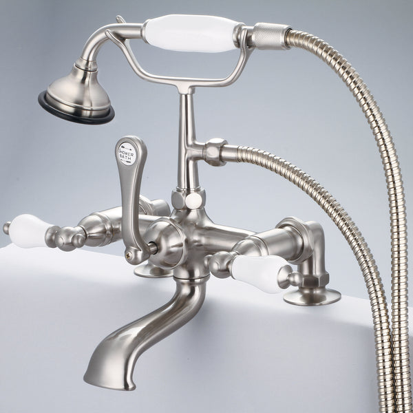 Vintage Classic 7 Spread Deck Mount Tub Faucet With 2 Risers & Handheld Shower in Brushed Nickel Finish, With Porcelain Lever Handles Without labels