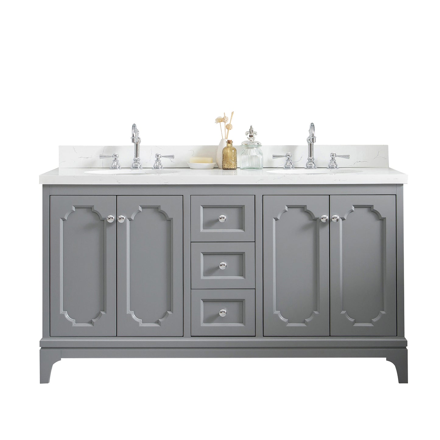 QUEEN 60"W x 34"H Cashmere Gray Double-Sink Vanity with Carrara Quartz Countertop + Faucets (F2-0012-01-TL)