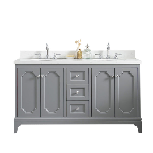 QUEEN 60W x 34H Cashmere Gray Double-Sink Vanity with Carrara Quartz Countertop + Faucets (F2-0012-01-TL)