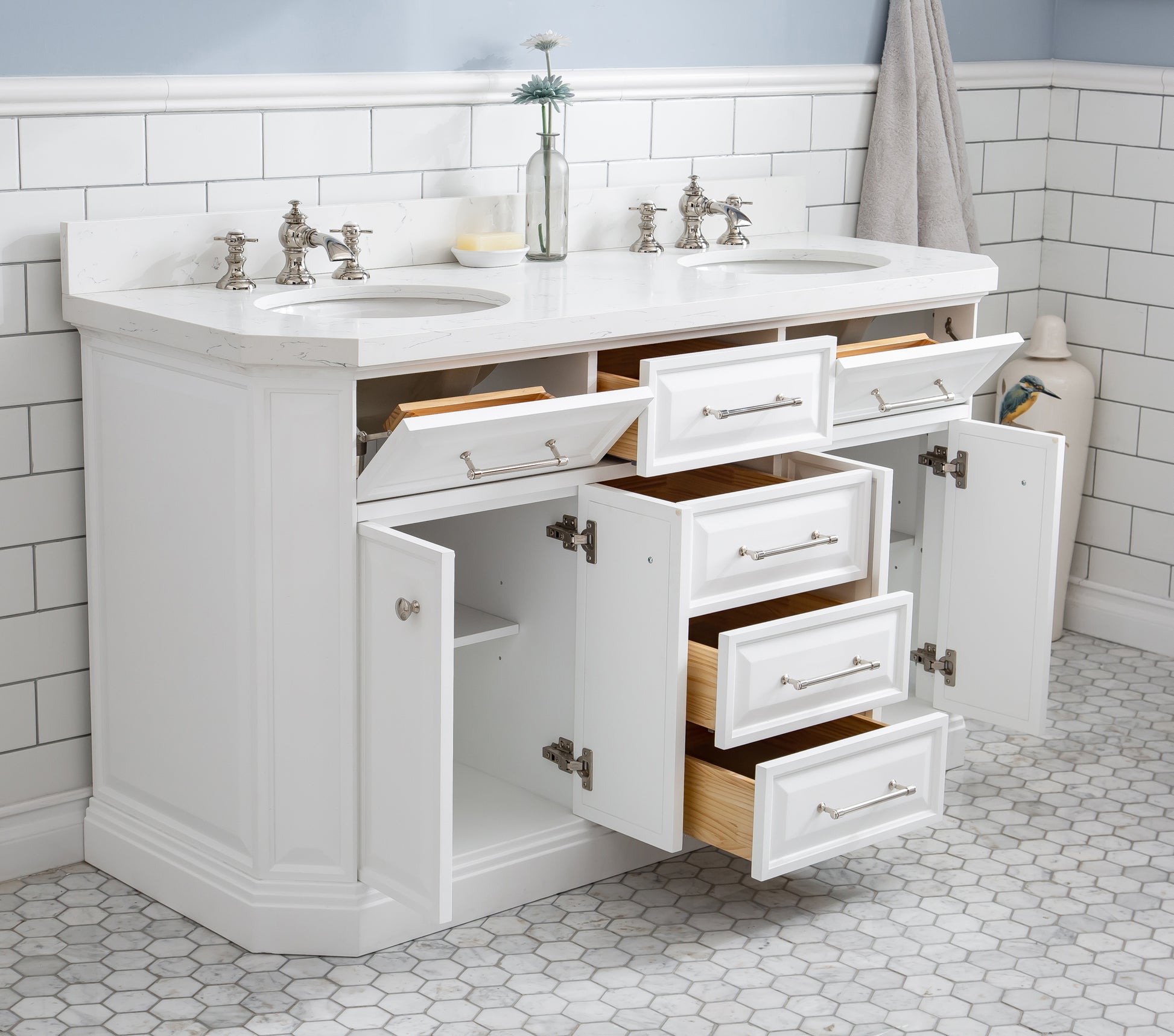 PALACE 60"W x 34"H Pure White Vanity with Carrara Quartz Countertop + Faucets (F2-0013), Polished Nickel Finish Hardware