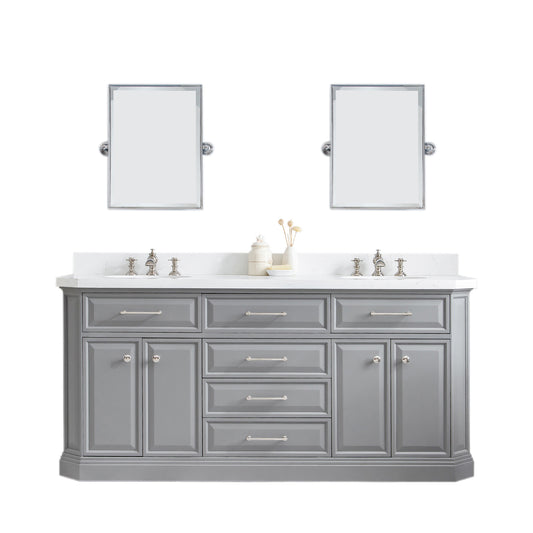 PALACE 72"W x 34"H Cashmere Gray Vanity with Carrara Quartz Countertop + Mirror, Polished Nickel Finish Hardware & Mirror