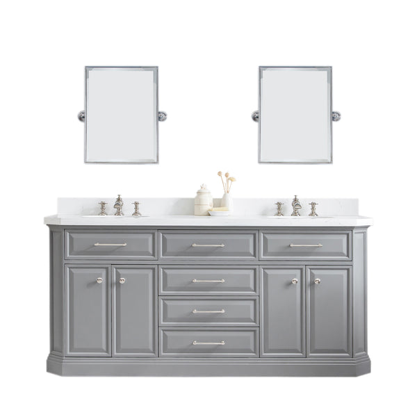 PALACE 72W x 34H Cashmere Gray Vanity with Carrara Quartz Countertop + Mirror, Polished Nickel Finish Hardware & Mirror