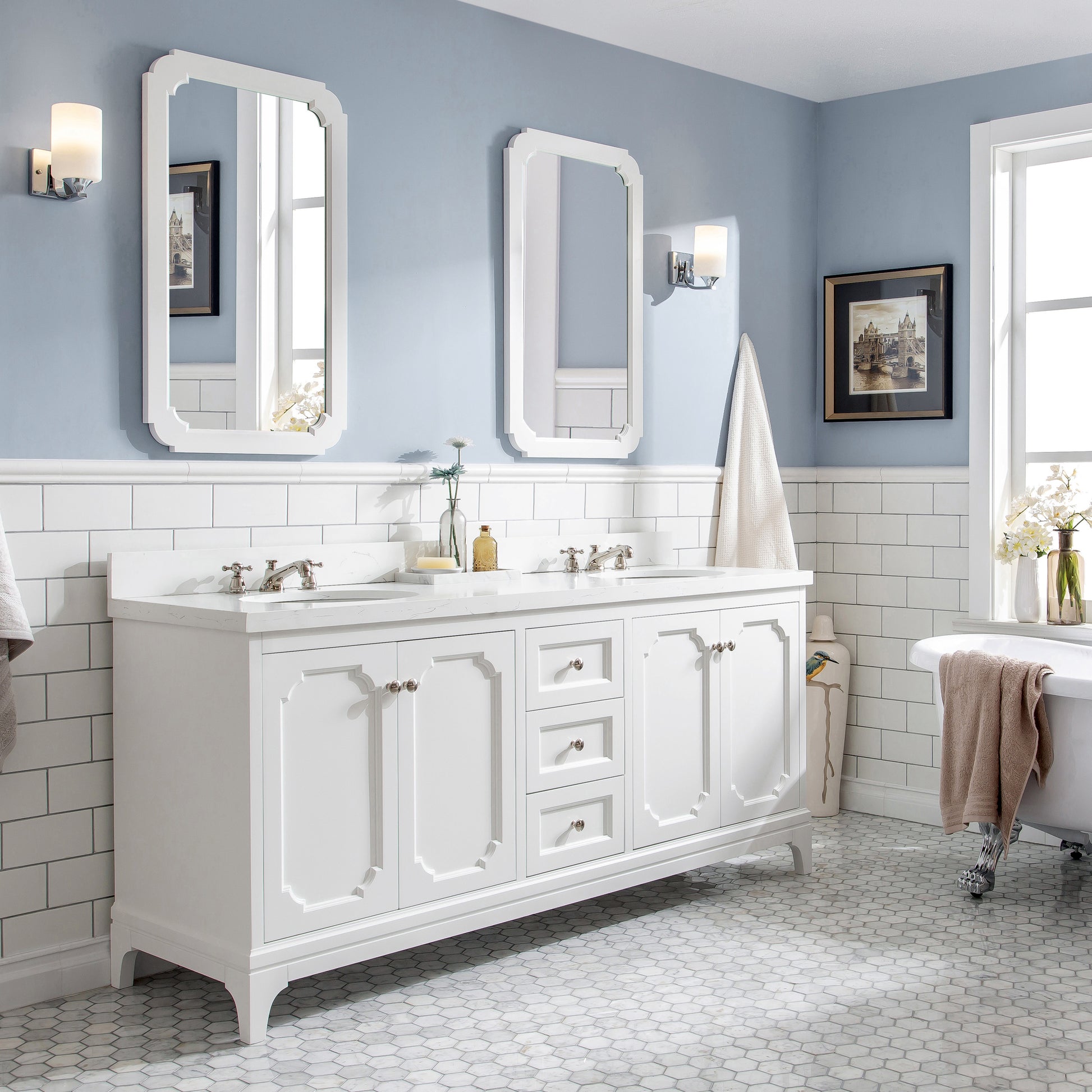 QUEEN 72"W x 34"H Pure White Double-Sink Vanity with Carrara Quartz Countertop + Faucets & Mirror (F2-0009)