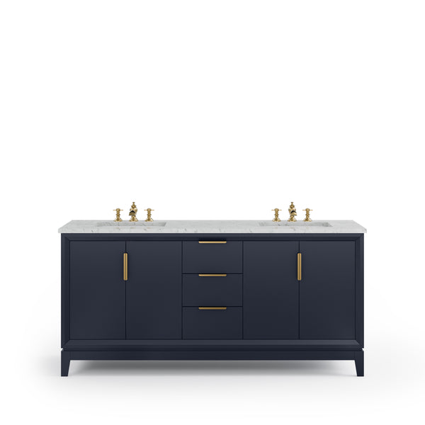 ELIZABETH 72W x 34.25H Monarch Blue Double-Sink Vanity with Carrara White Marble Countertop + Faucets (F2-0013-06-FX)