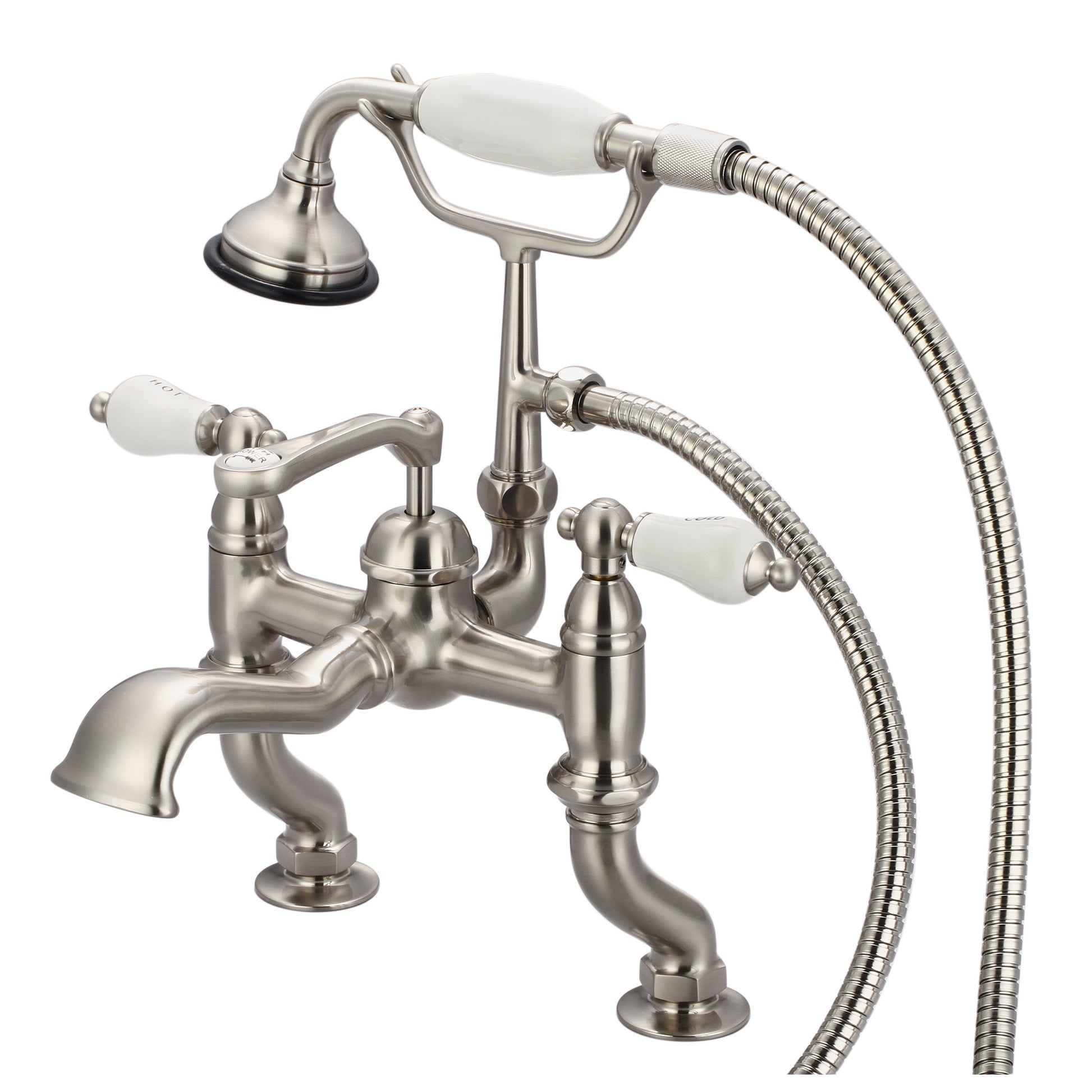 Vintage Classic Adjustable Center Deck Mount Tub Faucet With Handheld Shower in Brushed Nickel Finish, With Porcelain Lever Handles, Hot And Cold Labels Included