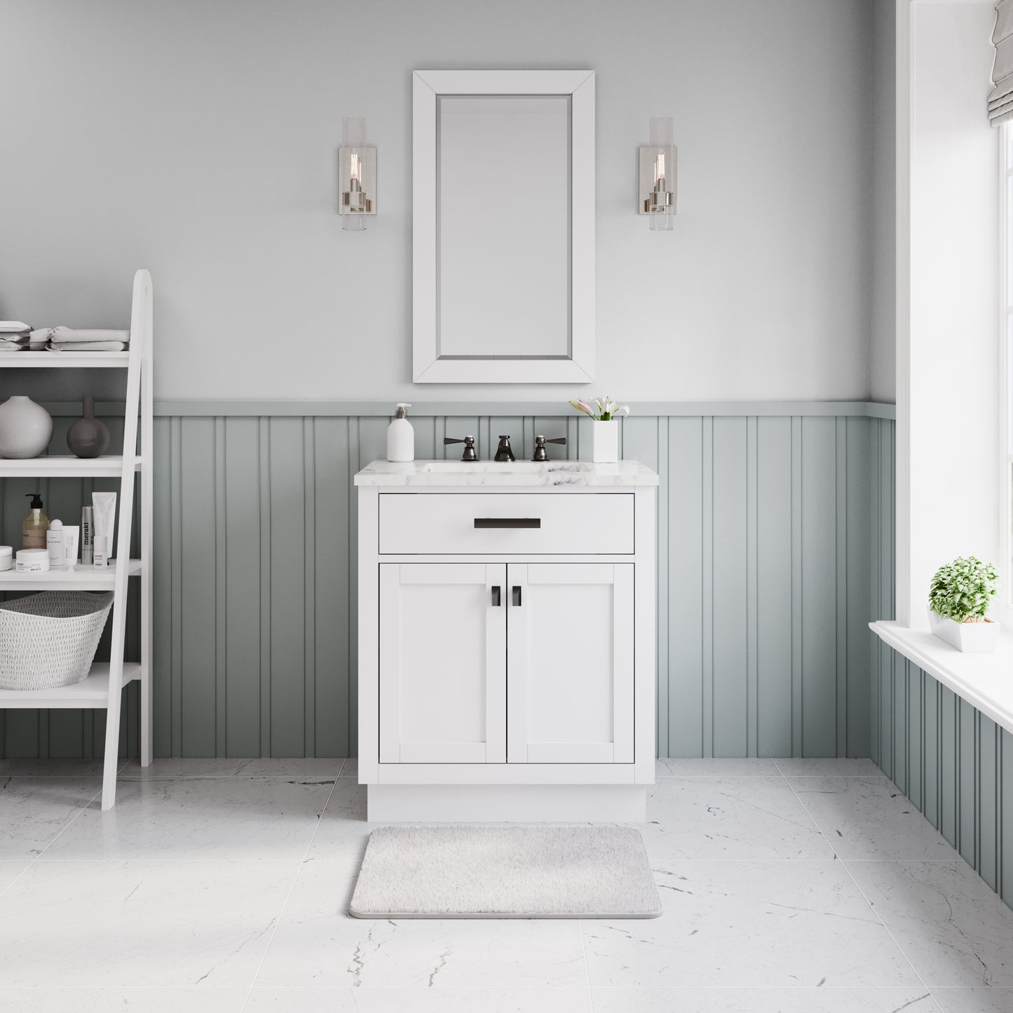 HARTFORD 30"W x 34"H Pure White Single-Sink Vanity with Carrara White Marble Countertop + Classic Faucet and Rectangular Mirror (S)