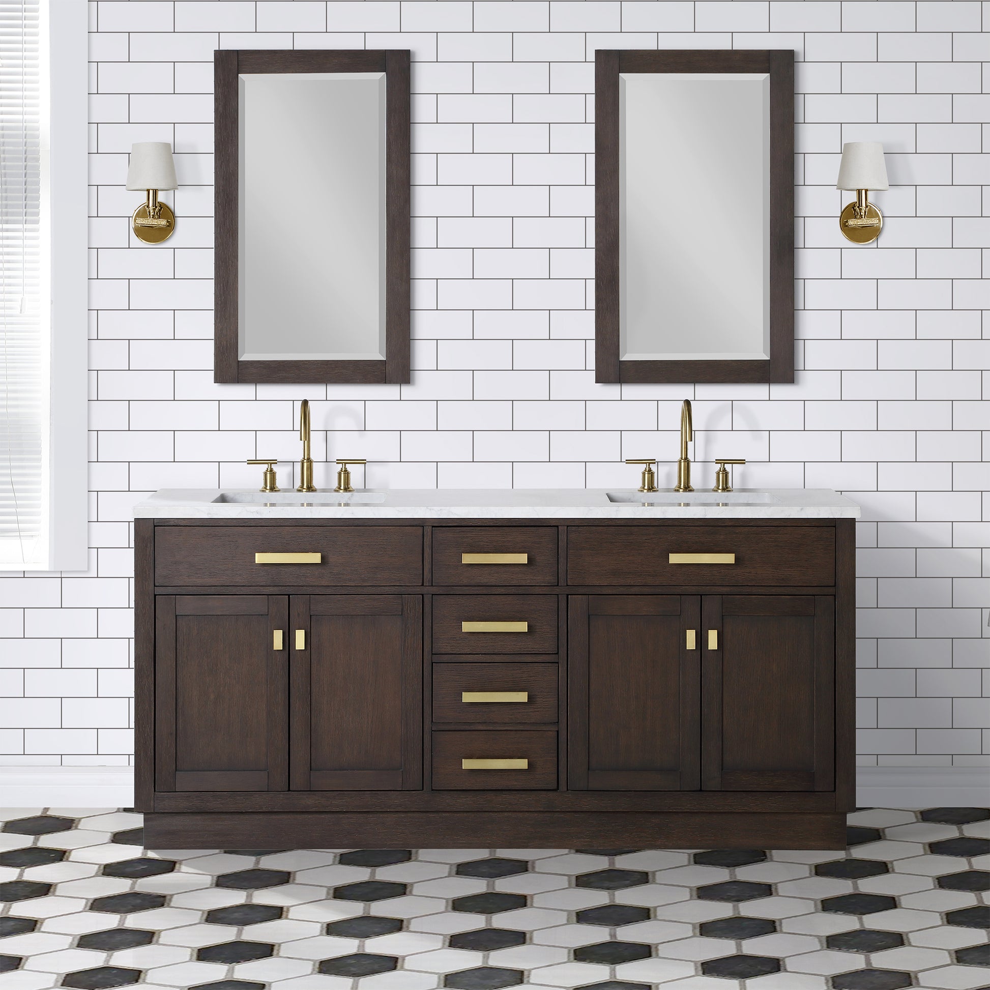 CHESTNUT 72"W x 34.2"H Brown Oak Double-Sink Vanity with Carrara White Marble Countertop + Faucets & Mirrors