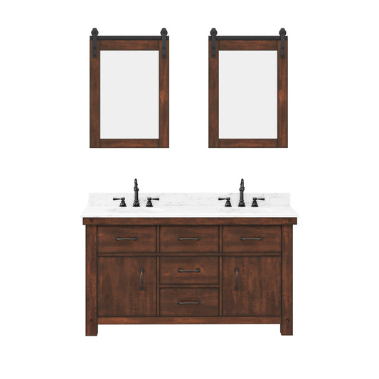 ABERDEEN 60"W x 34"H Sierra Rustic Double-Sink Vanity with Carrara White Marble Countertop + Hook Faucets and Mirrors