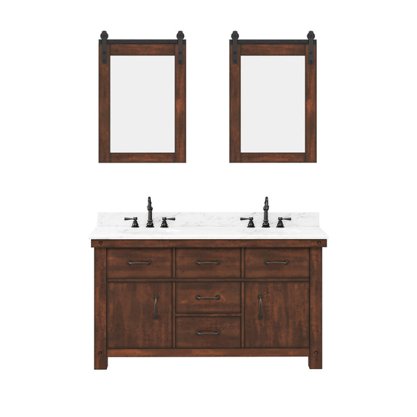 ABERDEEN 60W x 34H Sierra Rustic Double-Sink Vanity with Carrara White Marble Countertop + Hook Faucets and Mirrors